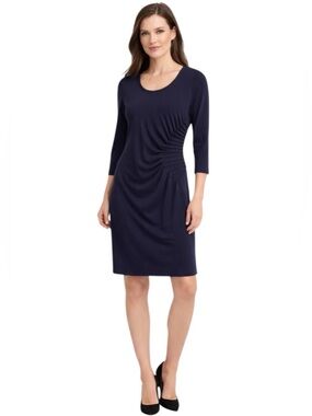Calvin Klein Navy Blue Ruched Sheath Dress 3/4 Sleeve Stretch Knee Length